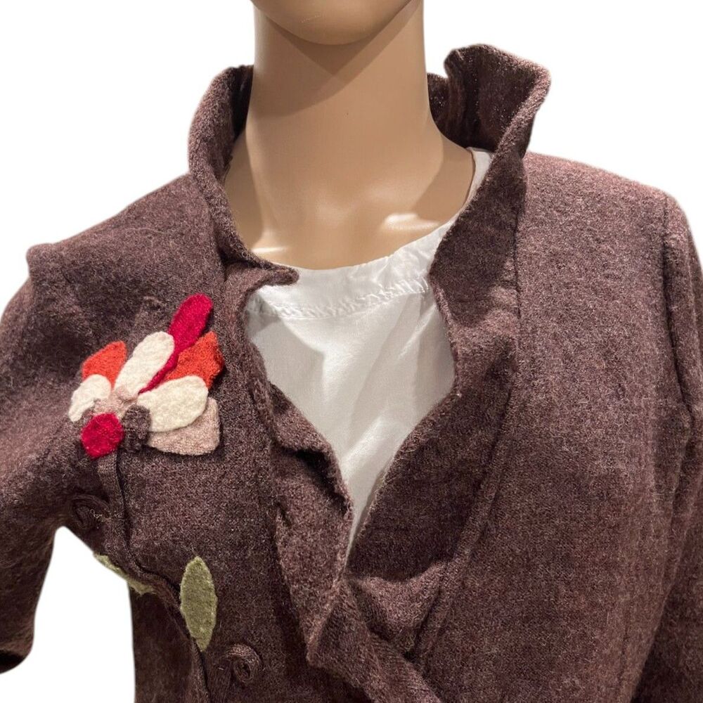 CYNTHIA ROWLEY 100% Wool Ruffle Felted Floral Design Cardigan Jacket Brown Sz M - Picture 6 of 8